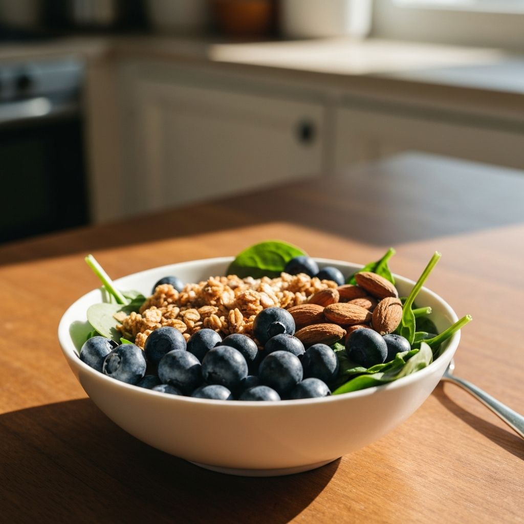 Gotowa miseczka smoothie z jagodami, szpinakiem i granolą